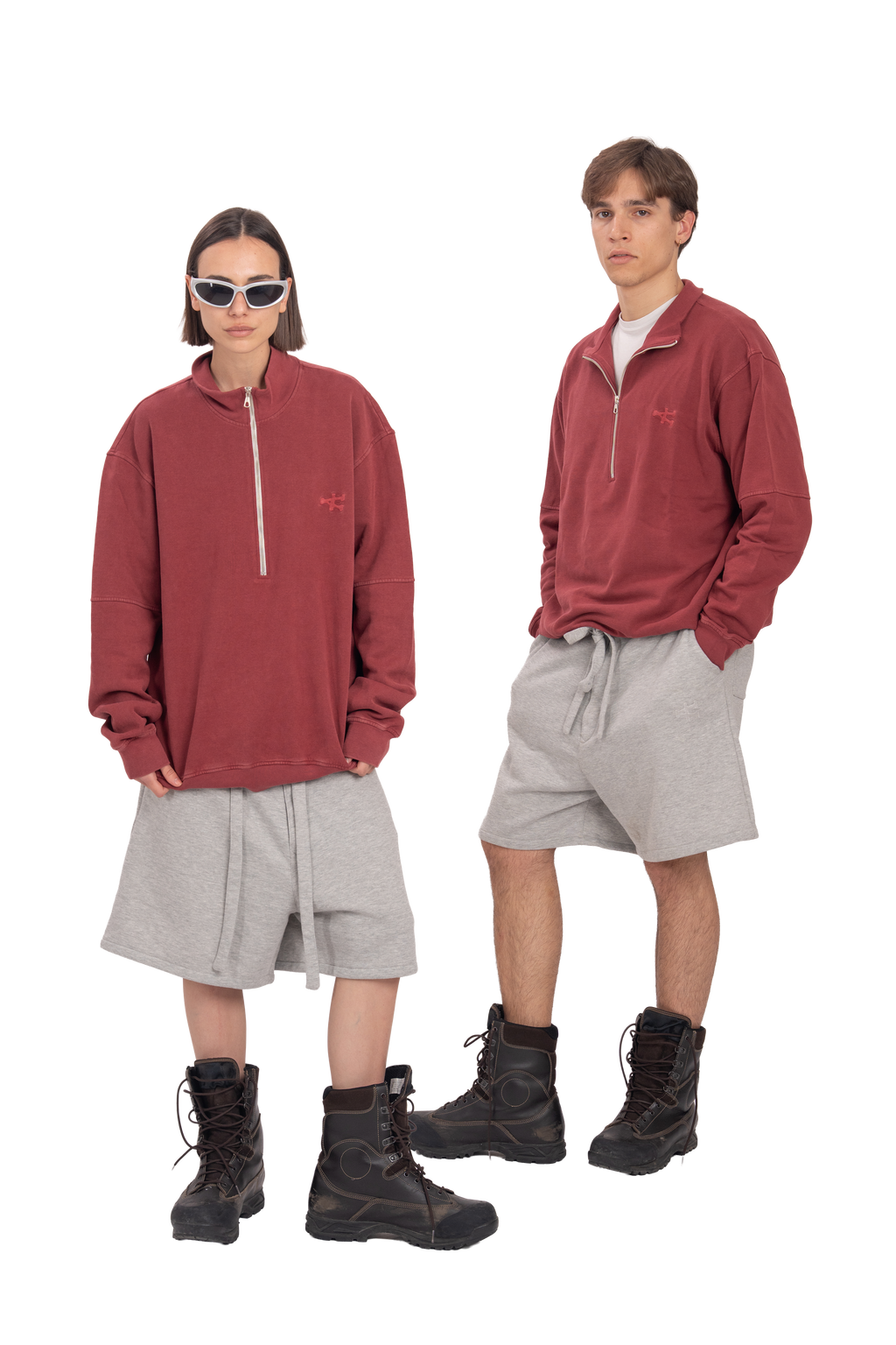 Stone Washed Half Zip Sweatshirt - Red