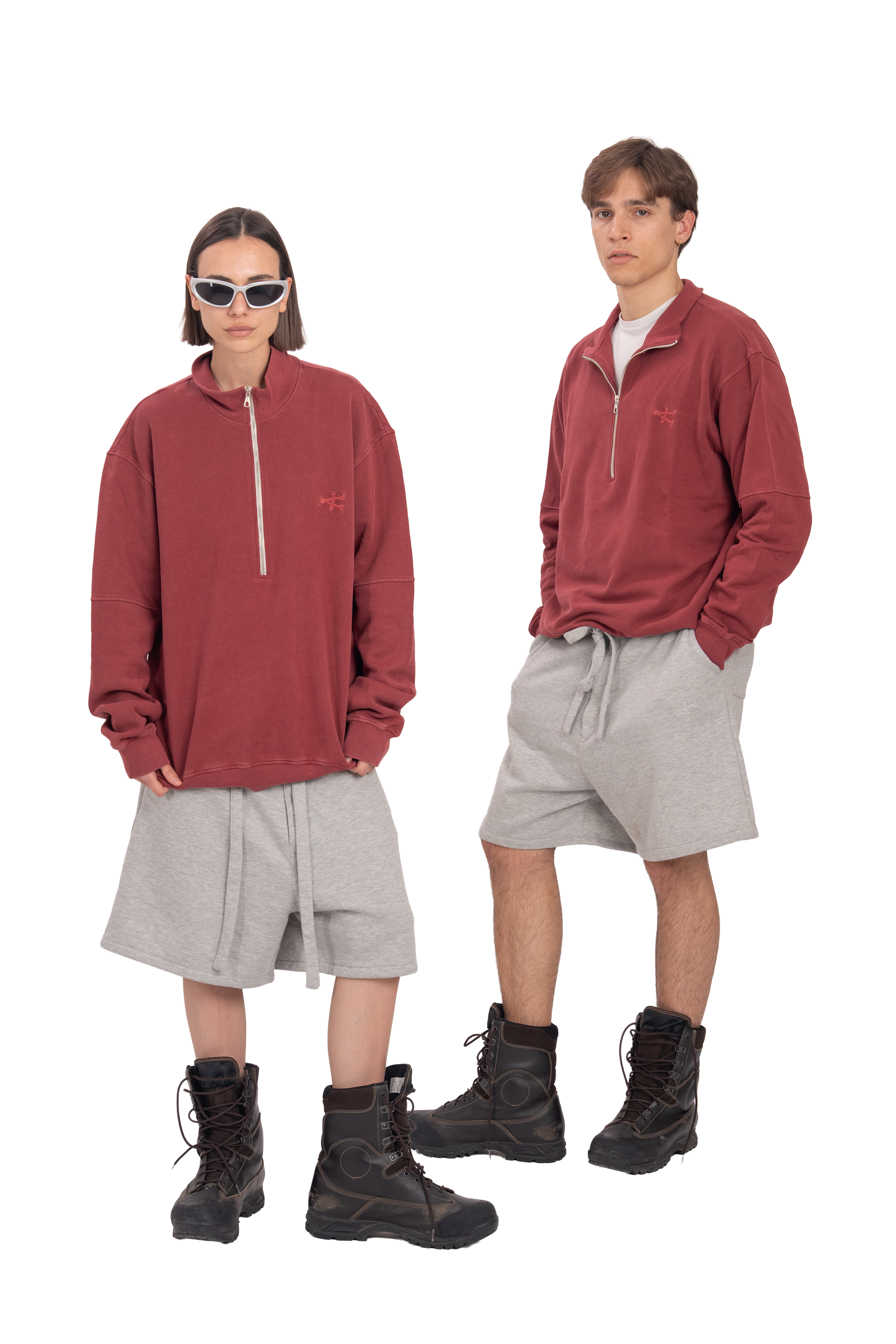 Stone Washed Half Zip Sweatshirt - Red